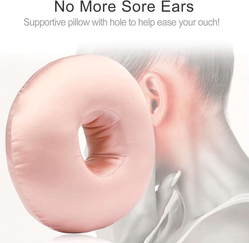 Silky Satin Ear Pillow with Hole for Ear Piercing Cooling Donut Pillow for Side Sleepers Ear Pain Relief Protector